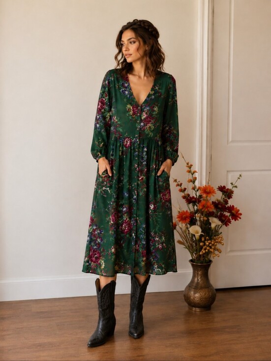 April Cornell Dresses & Skirts - April Connell | Boho Cottagecore Floral Rayon Midi Dress with Pockets Waist Tie